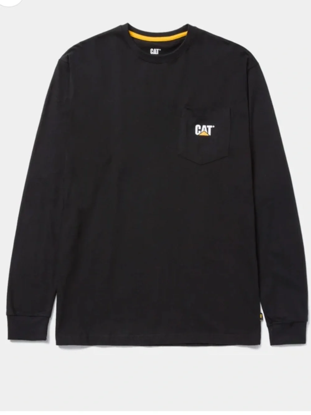 Caterpillar Black Long Sleeve Pocket Tee with Yellow Accent
